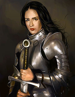 A beautiful female warrior in plate armor holding a large sword